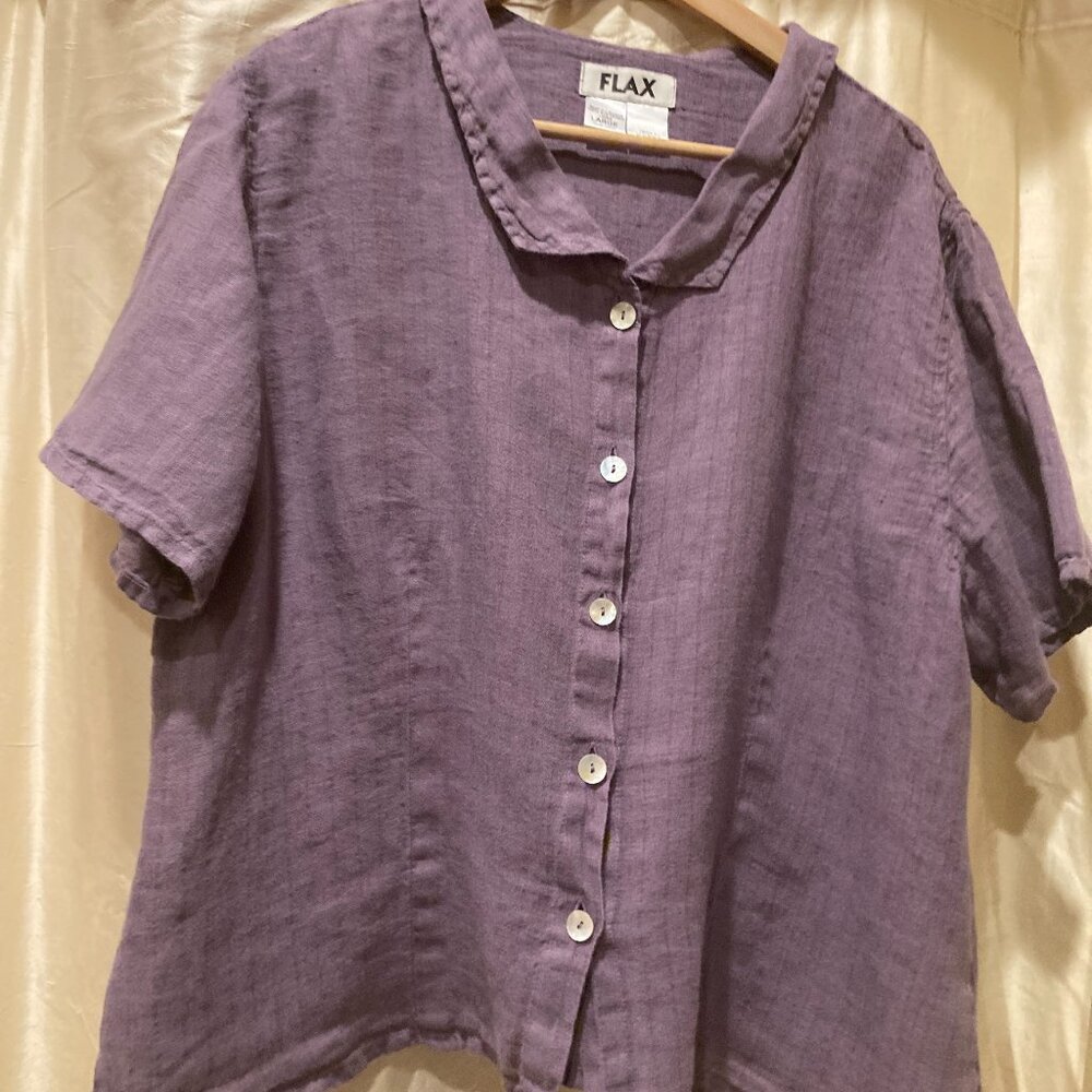 FLAX 100% LInen Purple Button Down Short Sleeved Top, Large
